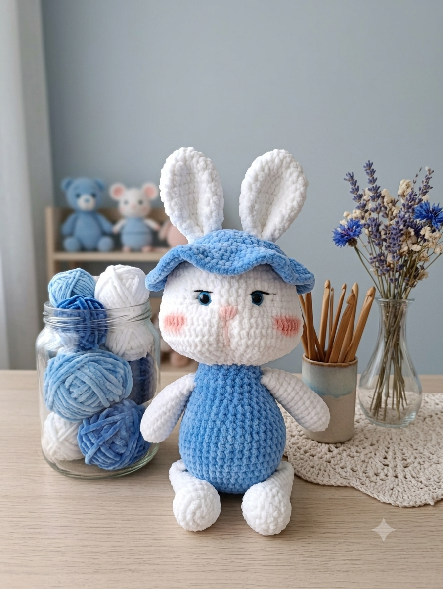 Mavi Şapkalı Kadife Amigurumi Tavşan